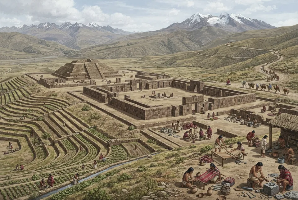 Ilustración documental de Tiahuanaco con terrazas agrícolas, artesanos y rutas comerciales en el Altiplano boliviano.