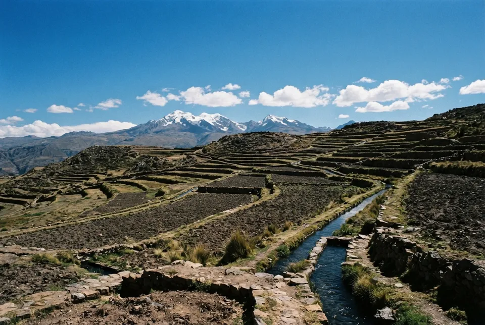 Terrazas agrícolas y canales de riego en Tiahuanaco, Altiplano boliviano, adaptados a la altura.