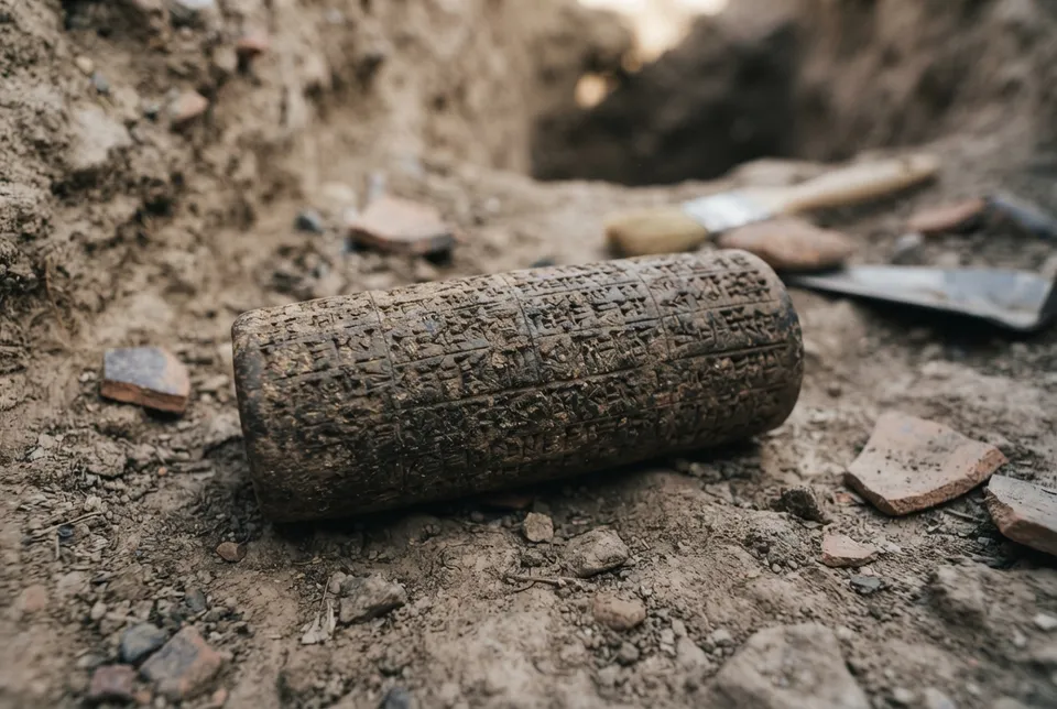 Detalle de un cilindro de arcilla con escritura cuneiforme en Mesopotamia antigua