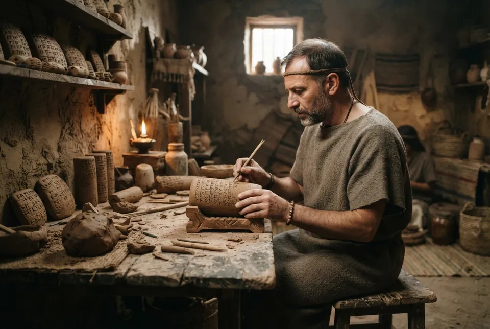 Recreación artística de un escriba mesopotámico inscribiendo un cilindro de arcilla