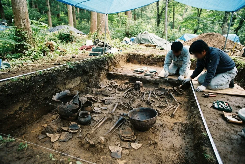Sitio arqueológico de un enterratorio colectivo Jōmon en Japón con restos óseos y cerámica antigua