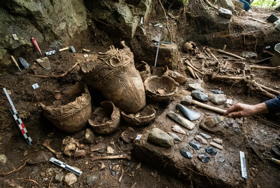 Cerámica y herramientas de piedra encontradas en una tumba múltiple Jōmon en Japón