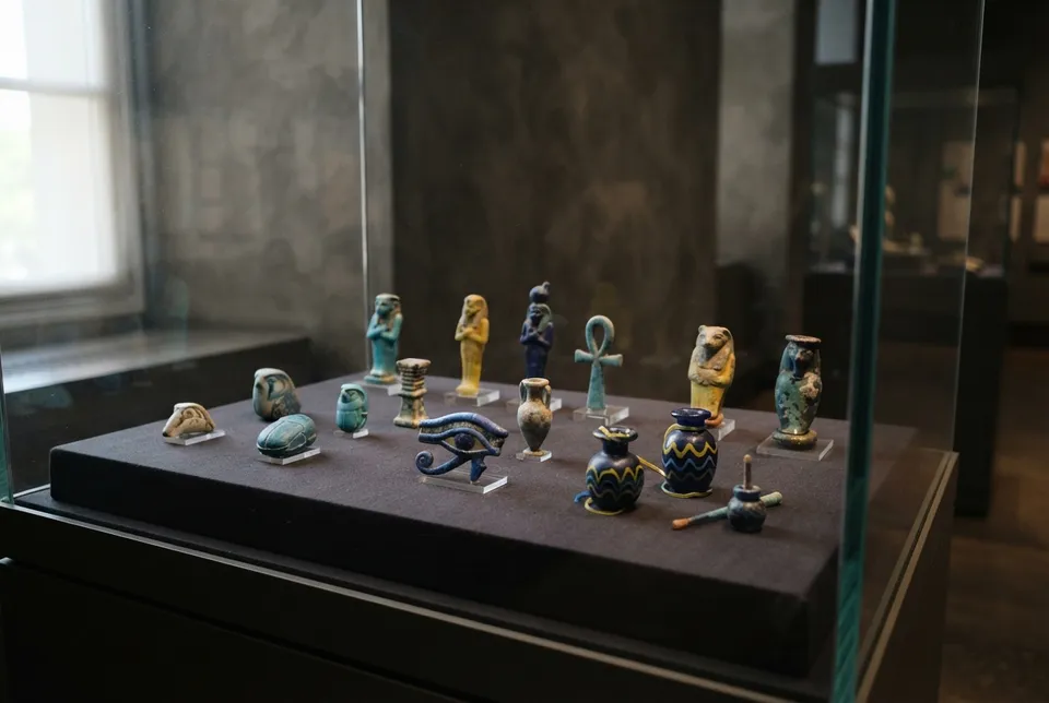 Amuletos y pequeños vasos rituales de vidrio antiguo egipcio, exhibidos en un contexto museístico.
