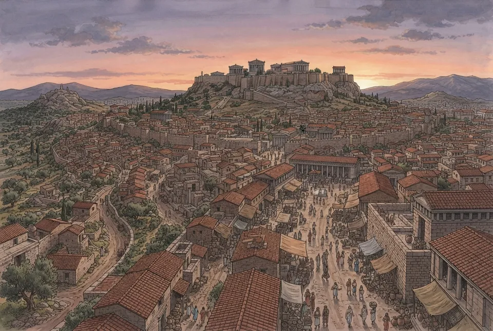 Vista realista de la expansión urbana de Atenas durante el período arcaico con la acrópolis y el ágora al centro