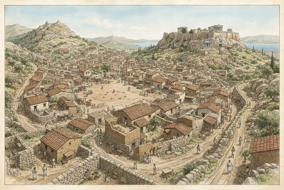 Reconstrucción ilustrada de la expansión del Ágora en Atenas arcaica con calles y casas de piedra