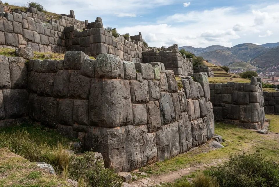 Detalle de muros de piedra de Sacsayhuamán con bloques de granito encajados sin mortero.