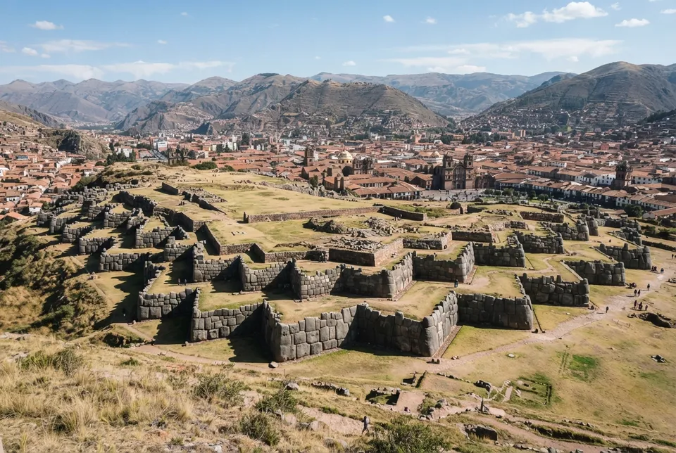 Fortaleza de Sacsayhuamán con posición elevada y muros en zigzag vigilando el Cusco.