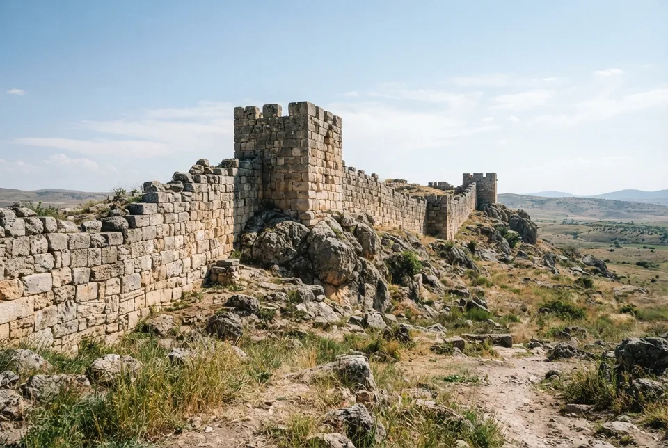 Ruinas de murallas fortificadas hititas en Anatolia central, construidas con grandes bloques de piedra.