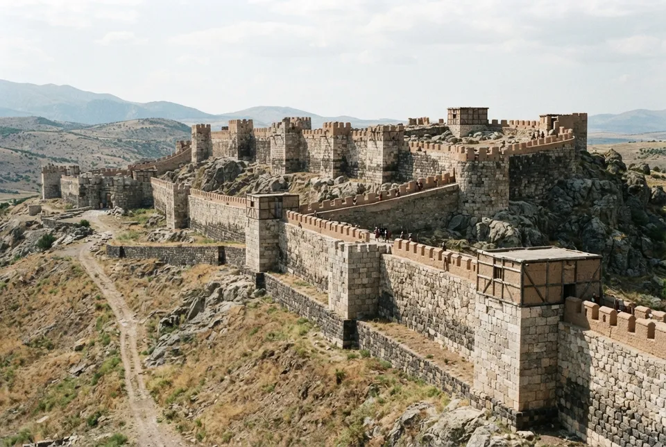 Murallas dobles y torres defensivas hititas en Anatolia central.