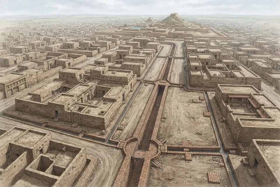 Sistema antiguo de drenaje en Mohenjo-Daro con canales de ladrillos y planificación urbana.