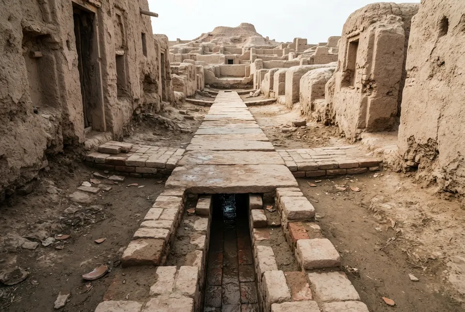 Canales de drenaje cubiertos de ladrillos en Mohenjo-Daro integrados en la ciudad antigua.