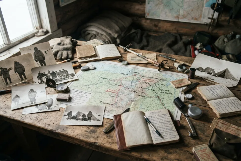 Documentos, mapas y fotografías originales de la expedición Dyatlov sobre una mesa de madera.