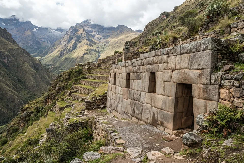Detalle de técnica constructiva inca con muros de piedra y terrazas en ciudad secundaria