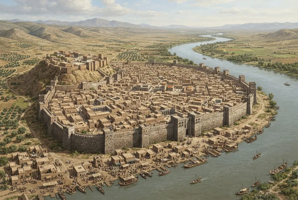 Reconstrucción ilustrada de las fortificaciones y diseño urbano de la antigua ciudad de Carchemish en el Imperio hitita.