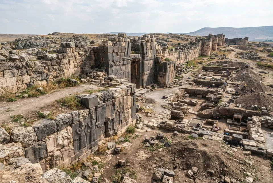 Muros defensivos de piedra y ruinas de una puerta en Carchemish, mostrando la fortificación antigua.