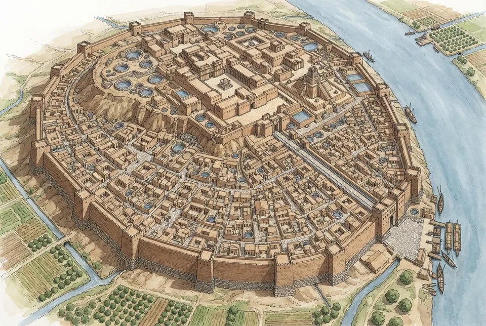 Plano ilustrado de la distribución urbana y edificios administrativos de Carchemish.