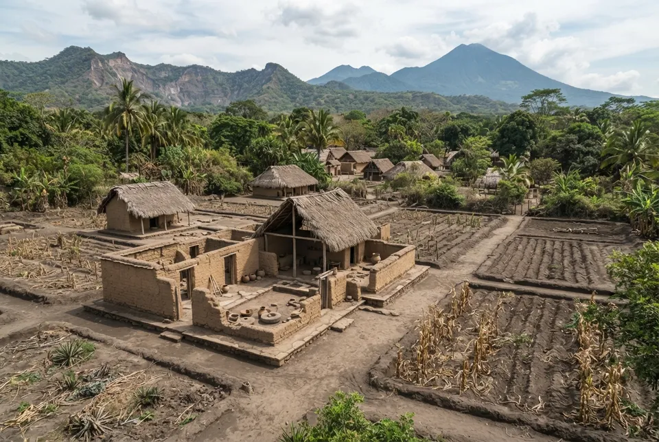 Ruinas arqueológicas bien conservadas de Joya de Cerén con cultivos y volcanes al fondo, El Salvador.
