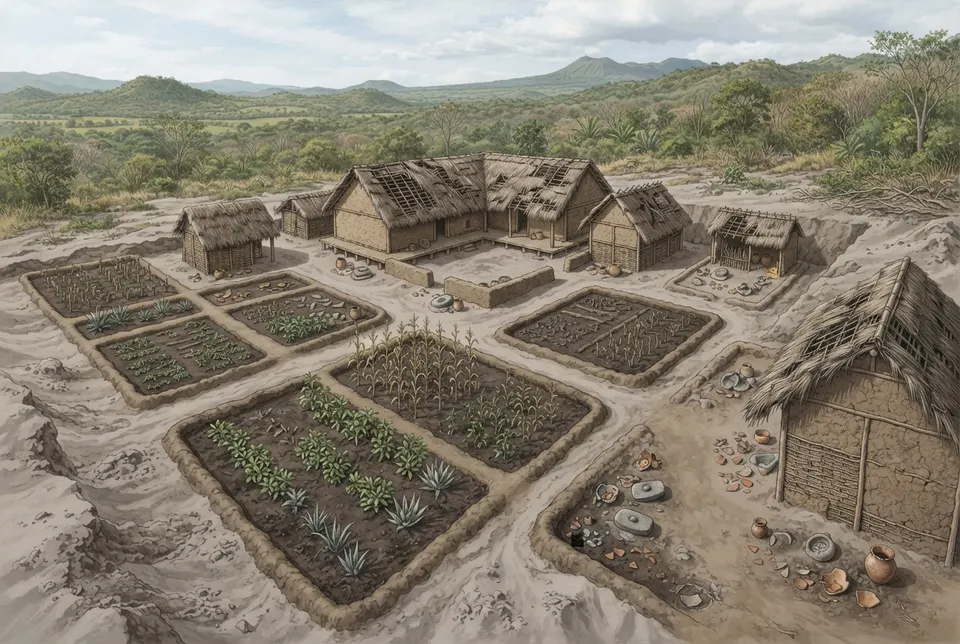 Parcelas agrícolas y jardines alrededor de casas de adobe en Joya de Cerén, El Salvador.