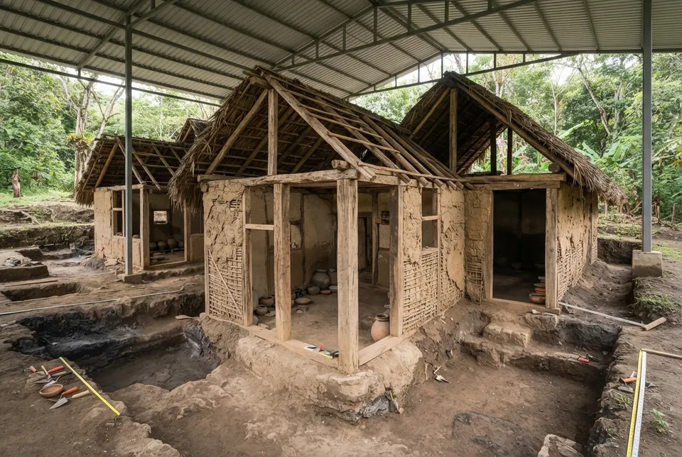 Estructuras de madera y barro bien conservadas en Joya de Cerén, El Salvador.