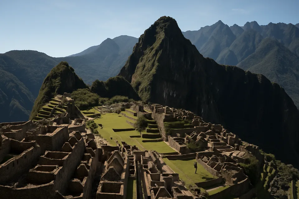 Vista panorámica de las ruinas de Machu Picchu con terrazas de piedra y montañas andinas al fondo.