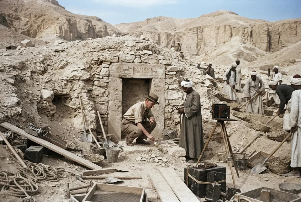 Howard Carter y su equipo abriendo la entrada sellada de la tumba KV62 de Tutankamón en el Valle de los Reyes