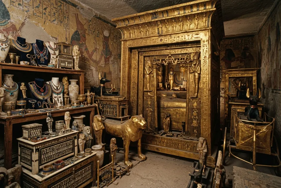 Tesoros dorados y artefactos encontrados dentro de la tumba de Tutankamón, exhibidos con detalle.