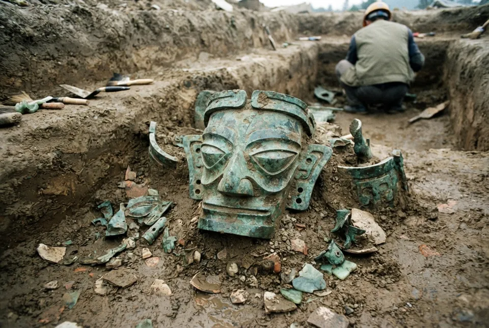 Máscaras de bronce de Sanxingdui con rasgos exagerados exhibidas en un museo arqueológico.