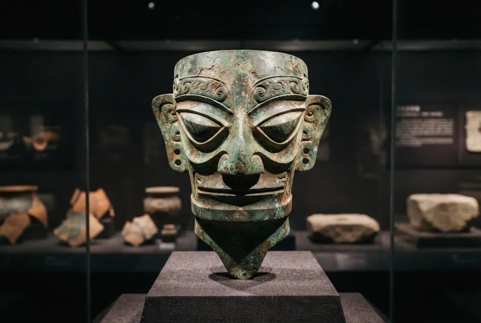 Detalle de una máscara de bronce de Sanxingdui con ojos grandes y nariz alargada.