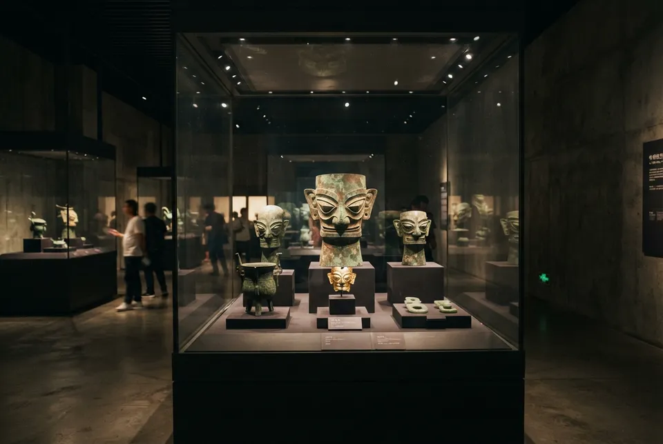 Sala de exposición con máscaras de bronce y objetos ceremoniales del museo de Sanxingdui.