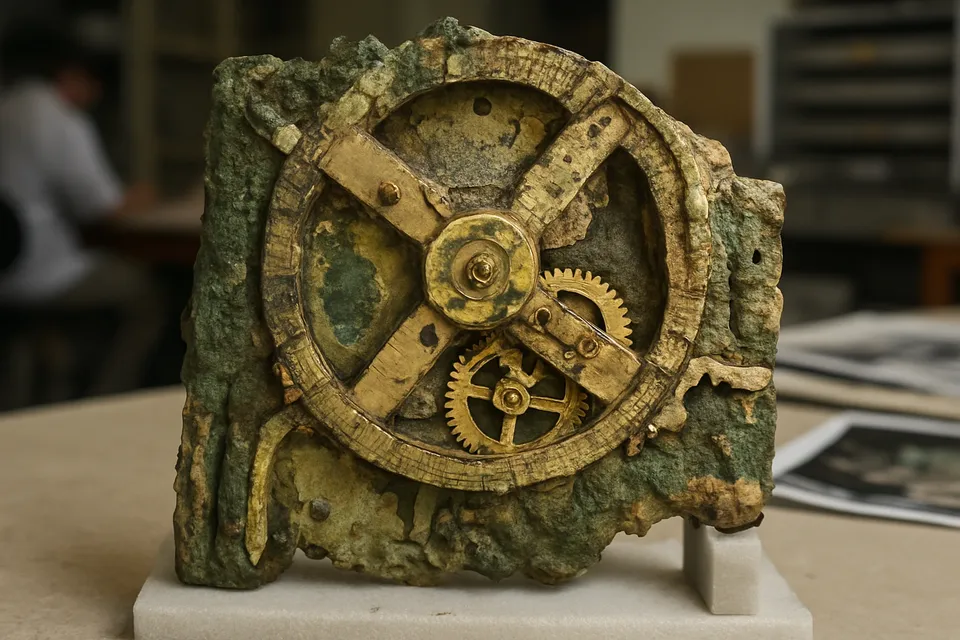 Detalle de los engranajes y escalas del mecanismo de Anticitera en sus fragmentos originales.
