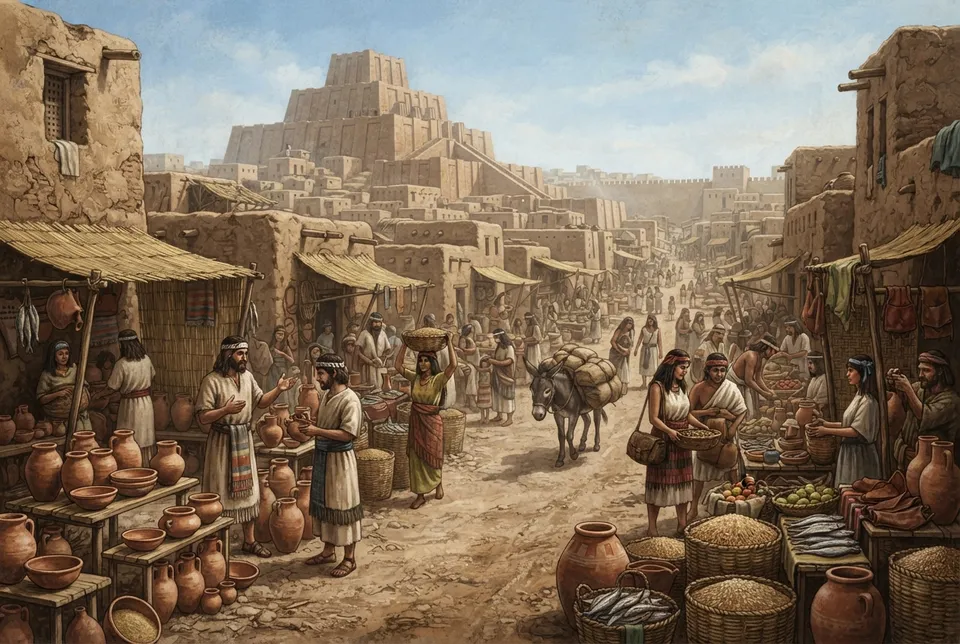 Recreación ilustrativa del mercado en una ciudad sumeria de Mesopotamia con mercaderes y productos.