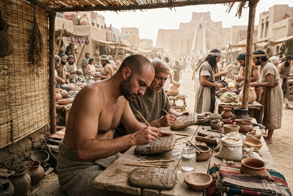Escribas registrando transacciones comerciales con tablillas cuneiformes en un mercado sumerio.