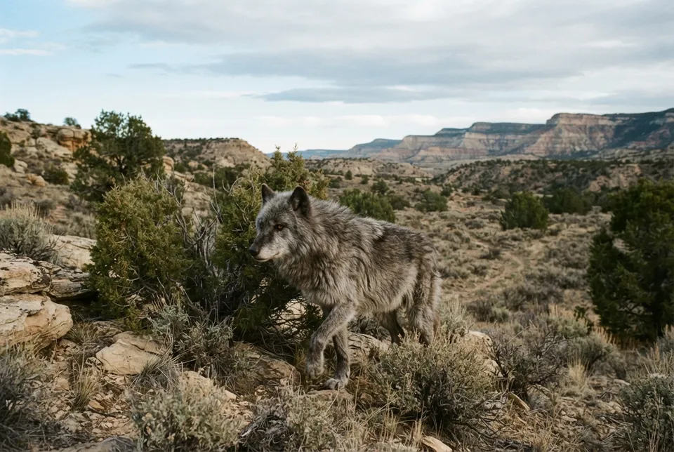 Representación de un lobo gigante legendario en el Rancho Skinwalker en un paisaje rural de Utah.