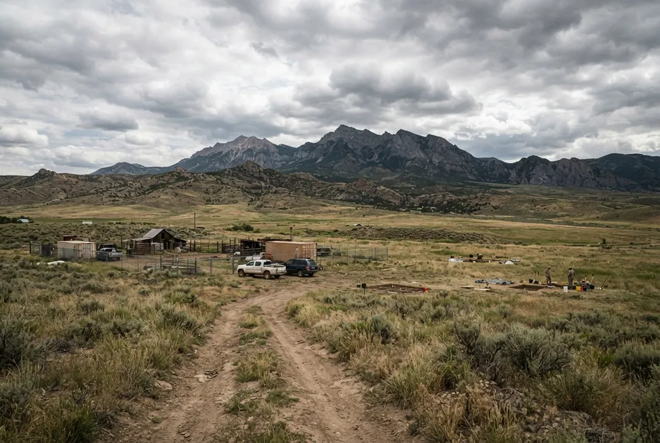 Panorámica del Rancho Skinwalker en Utah con llanuras y montañas al fondo bajo cielo nublado.