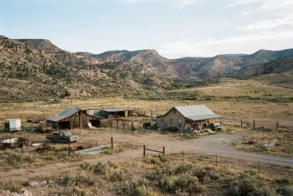 Rancho rural con campos y casa, representando el Rancho Skinwalker en Utah.