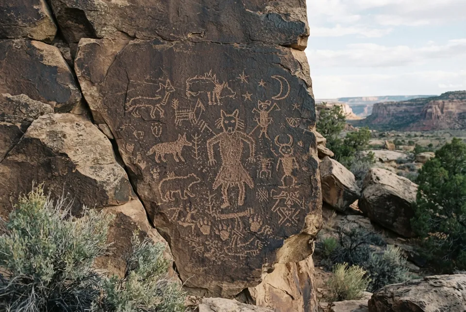 Símbolos y petroglifos navajo relacionados con las leyendas de los skinwalkers.