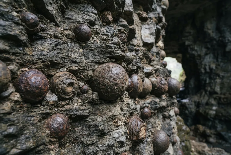 Detalle de esferas de piedra naturales incrustadas en roca sedimentaria en cuevas de Baigong.