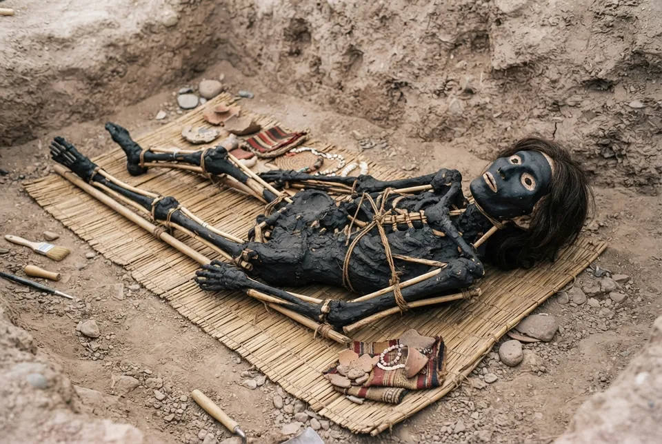 Reconstrucción artística de la momificación negra Chinchorro, con esqueleto reparado y cubierta de arcilla negra
