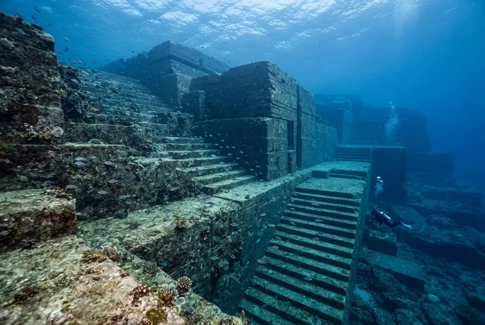 Formaciones rocosas geométricas submarinas en la costa de la isla Yonaguni, Japón.