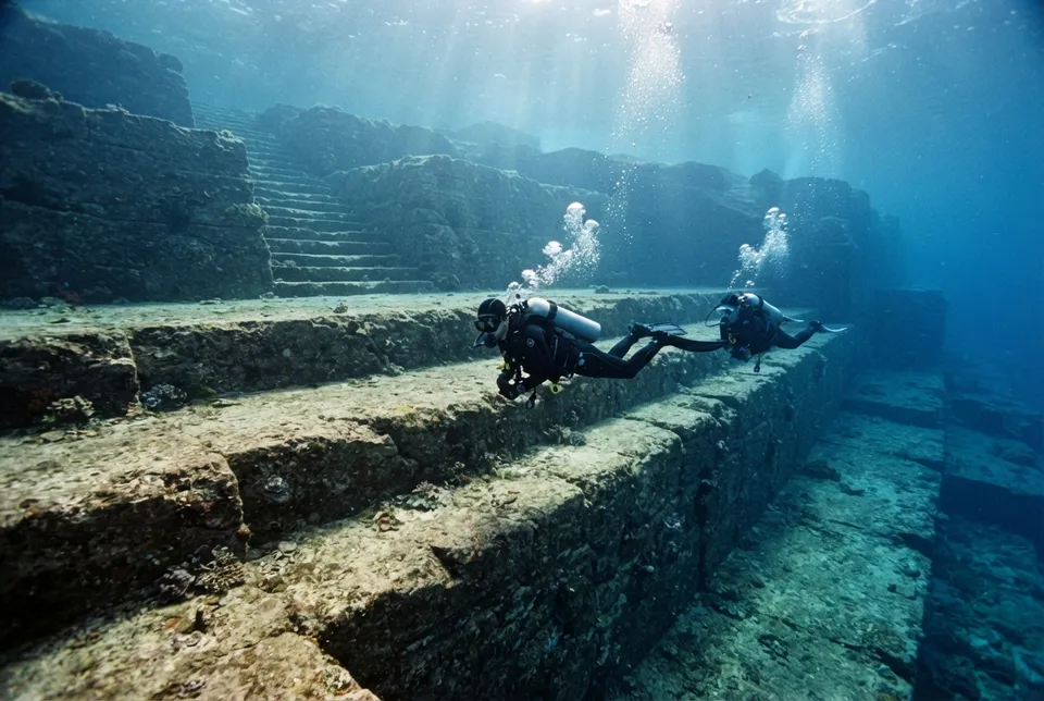 Buzos explorando terrazas rocosas submarinas y plataformas cerca de la isla Yonaguni.