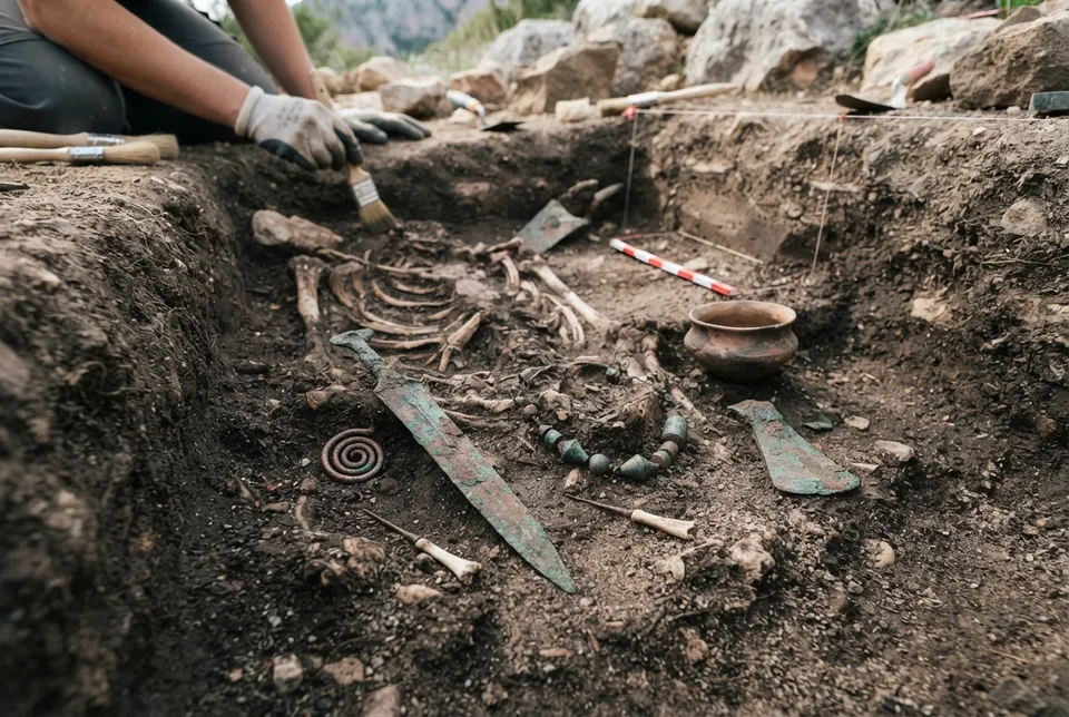 Herramientas y adornos de cobre de la cultura El Argar encontrados en un contexto arqueológico