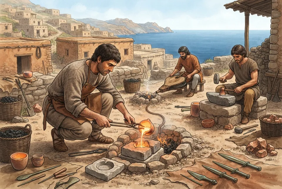 Ilustración histórica de metalúrgicos trabajando cobre en la cultura El Argar