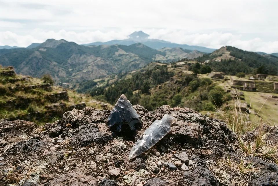 Artefacto de obsidiana mesoamericano junto a paisaje volcánico que ilustra su origen y uso