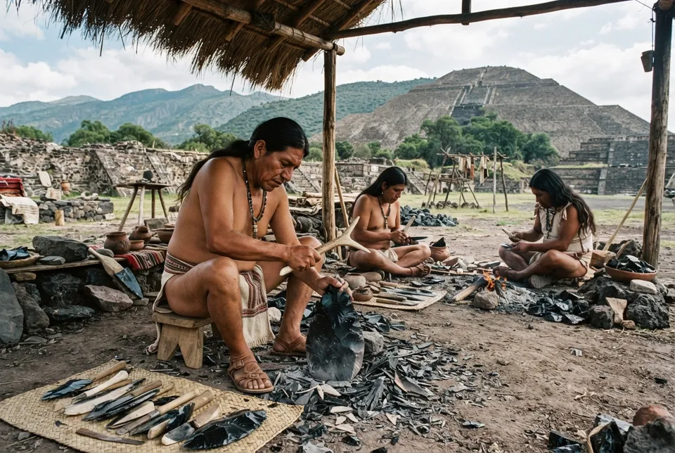 Taller antiguo mesoamericano donde se fabrican herramientas de obsidiana con técnicas tradicionales de talla