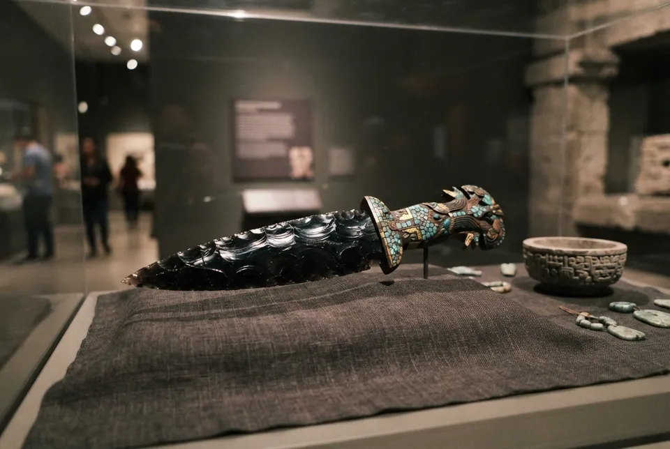 Daga ceremonial de obsidiana pulida y objetos rituales mesoamericanos en exhibición museística