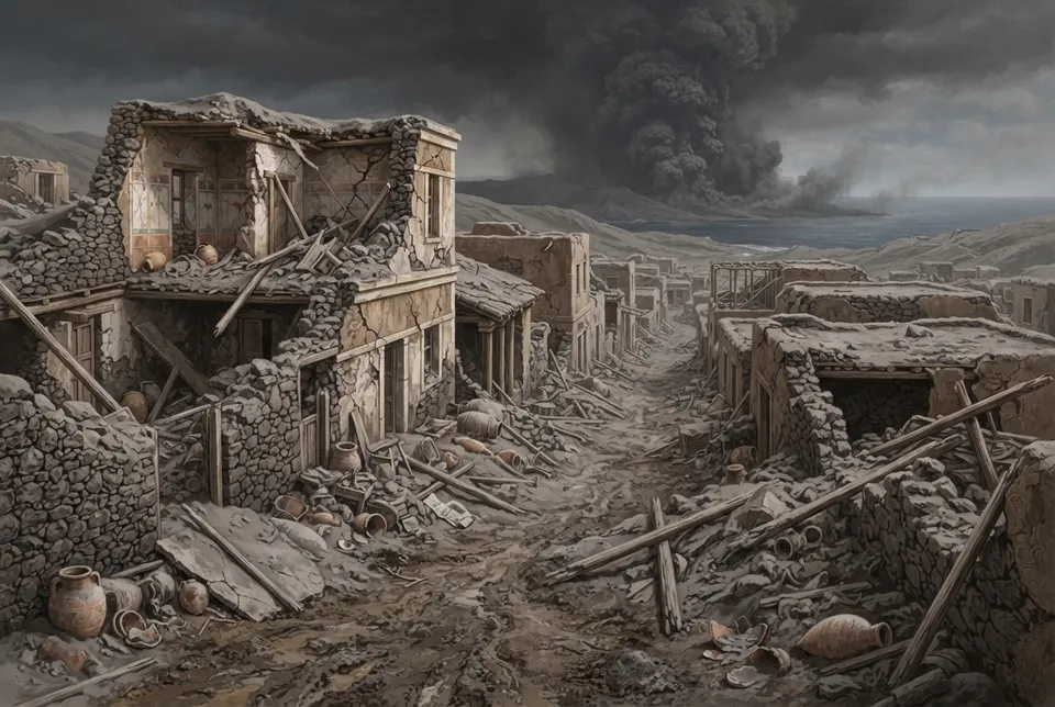 Restos de casas sepultadas por cenizas volcánicas tras la erupción minoica en Thera.