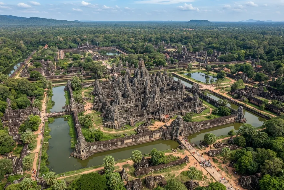 Templo Bayon en Angkor con sus torres decoradas y la distribución urbana alrededor evidenciando integración política y religiosa