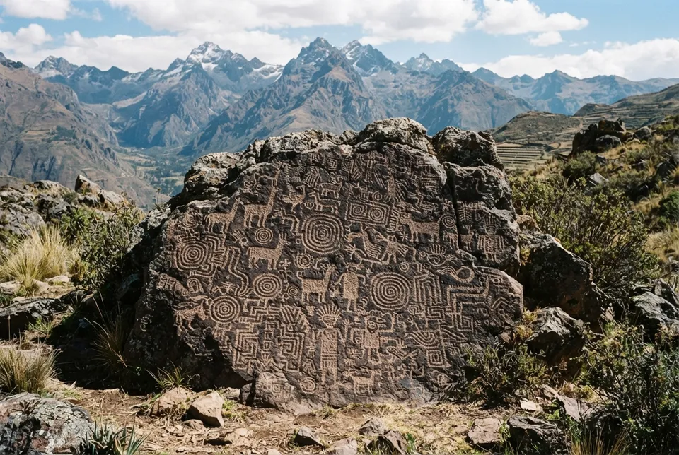 Grabados en roca con motivos zoomorfos y geométricos en un sitio arqueológico de los Andes centrales.