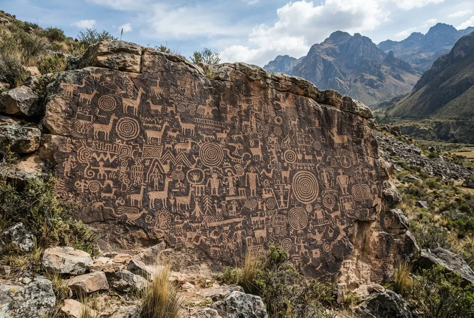 Panel de petroglifos con figuras de animales y formas geométricas en los Andes centrales.