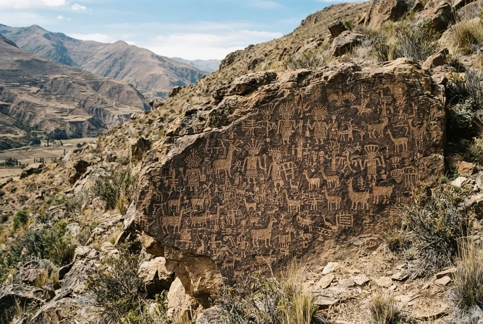 Grabado rupestre detallado con figuras humanas y animales en un sitio arqueológico altoandino.